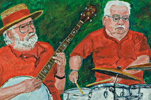 Jazz painting of Roger Nicholls on banjo and Pat Elms on drums