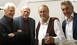 L/R: Bob Thomas of Bob Thomas and The Thomcats, Peter Butler, Acker Bilk, Brian Smith of Welwyn Garden City's Peartree Jazz Club